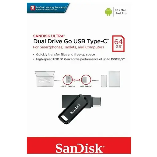SanDisk 64GB Ultra Dual Drive Go USB Type-C Flash Drive, Black – SDDDC3-064G-G46
